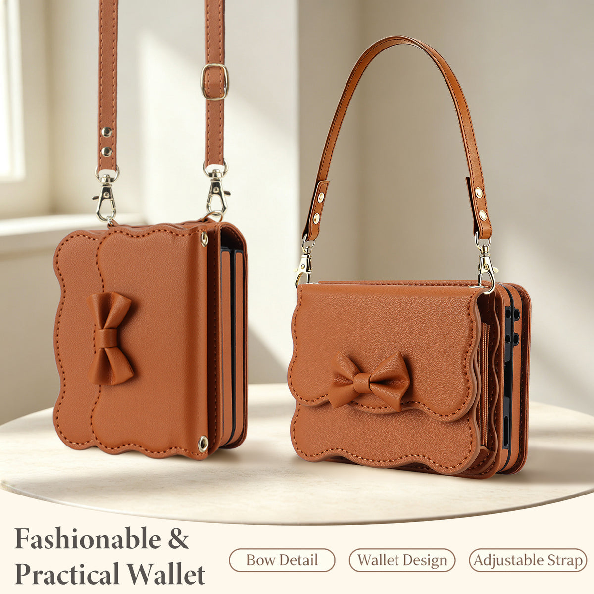 Brown leather bow knot crossbody wallet case for Motorola RAZR displayed in both long shoulder strap and short handbag handle carrying modes.