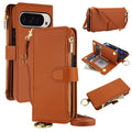 Brown leather crossbody wallet case for Google Pixel 10 and 9 series displaying closed front and back views, top gold ring, open card slots flap, zippered coin purse, and long shoulder strap.