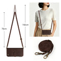 Brown leather crossbody zipper wallet case with 142cm adjustable strap diagram and rolled lanyard detail