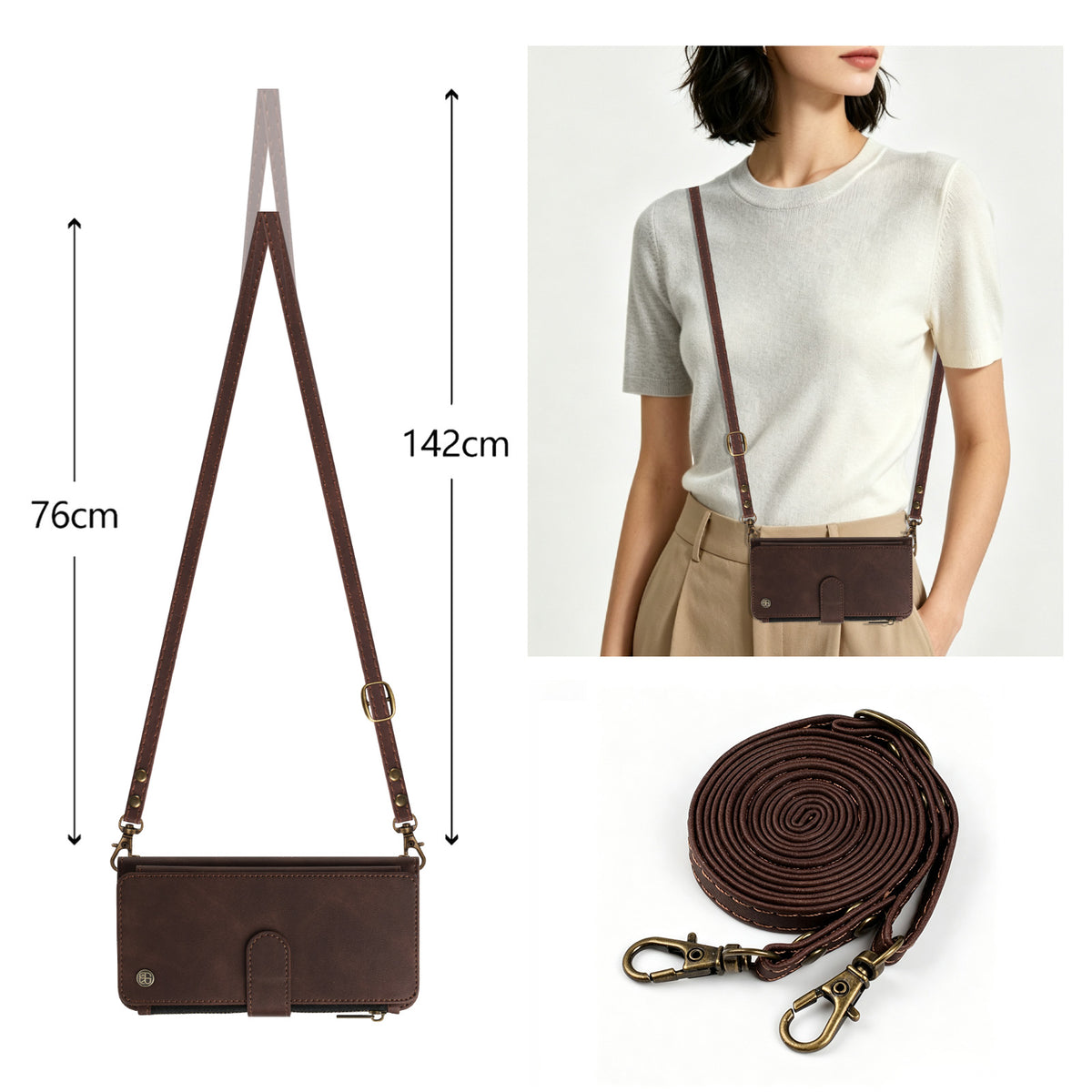Brown leather crossbody zipper wallet case with 142cm adjustable strap diagram and rolled lanyard detail