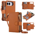 Brown leather detachable 2-in-1 wallet case for iPhone DUO showing outer zipper purse, card slot organization, and slim magnetic back case.