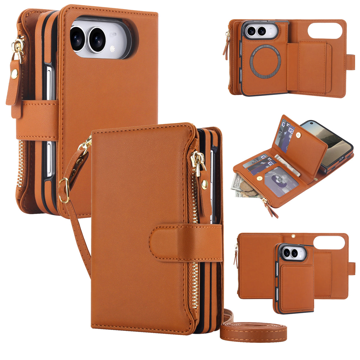 Brown leather detachable 2-in-1 wallet case for iPhone DUO showing outer zipper purse, card slot organization, and slim magnetic back case.