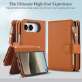 Brown leather folio wallet case for iPhone DUO standing open in hands-free video viewing kickstand mode.