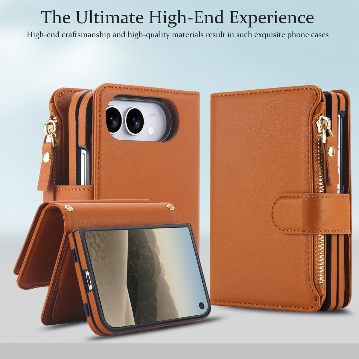 Brown leather folio wallet case for iPhone DUO standing open in hands-free video viewing kickstand mode.