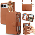Brown leather iPhone DUO crossbody wallet case showing zipper pocket, gold hardware ring grip, open card slots, and hand holding unit