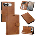 Brown leather wallet case for iPhone DUO highlighting textured vegan leather finish, front folio flap, rear camera lens cutout, open card slots, and kickstand display.