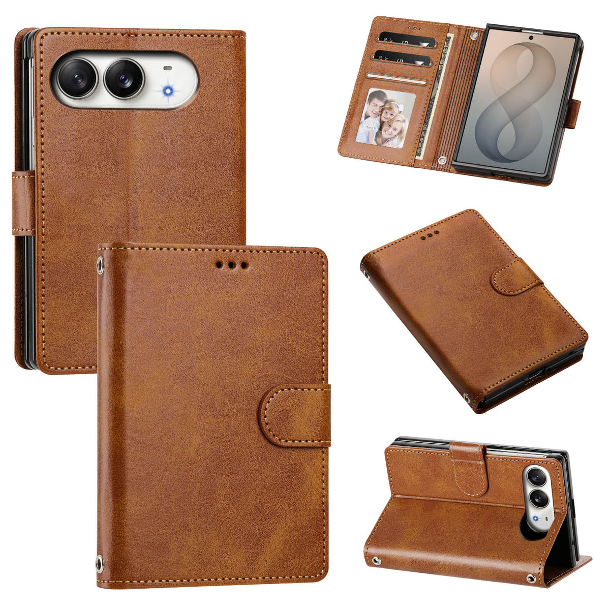 Brown leather wallet case for iPhone DUO highlighting textured vegan leather finish, front folio flap, rear camera lens cutout, open card slots, and kickstand display.