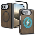 Brown magnetic leather case for iPhone DUO shown from open and folded angles with graphic overlay demonstrating fast wireless charging alignment.