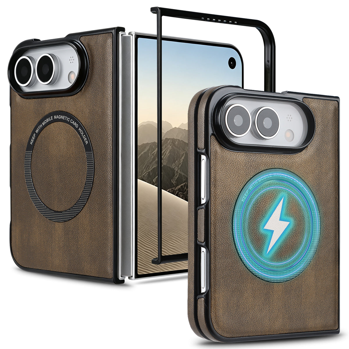 Brown magnetic leather case for iPhone DUO shown from open and folded angles with graphic overlay demonstrating fast wireless charging alignment.