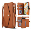 Brown tan leather 2-in-1 detachable wallet phone case for Google Pixel featuring card organizer slots, zipper coin pocket, wristlet strap, and magnetic inner shell.