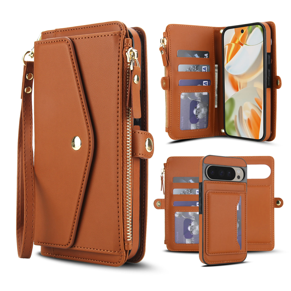 Brown tan leather 2-in-1 detachable wallet phone case for Google Pixel featuring card organizer slots, zipper coin pocket, wristlet strap, and magnetic inner shell.
