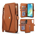 Brown tan leather 2-in-1 detachable wallet phone case for Samsung Galaxy A series displaying multi-card storage, zipper purse, wristlet lanyard, and removable magnetic back cover.