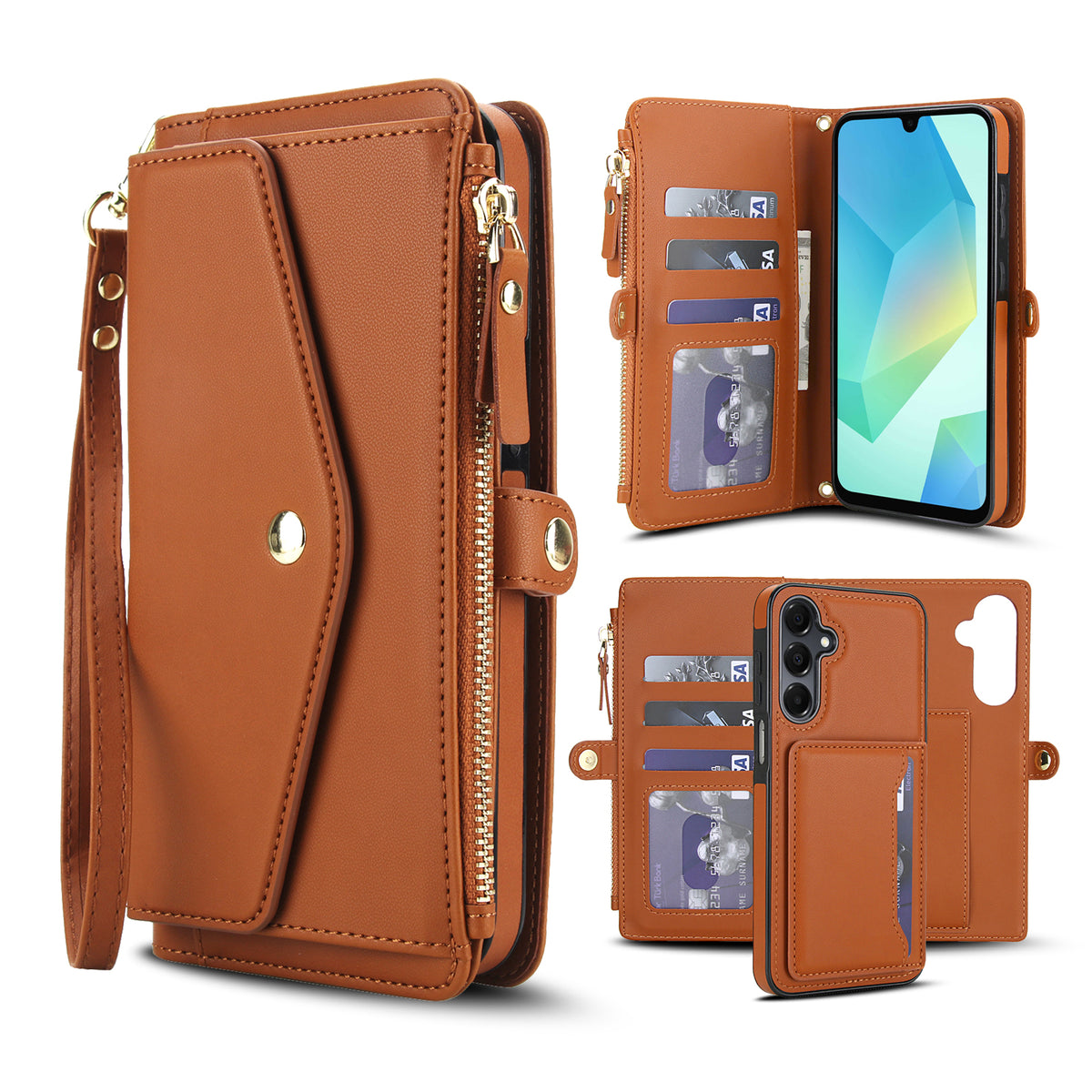 Brown tan leather 2-in-1 detachable wallet phone case for Samsung Galaxy A series displaying multi-card storage, zipper purse, wristlet lanyard, and removable magnetic back cover.
