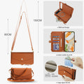 Brown tan leather crossbody wallet case displaying 80 cm to 150 cm adjustable shoulder strap dimensions and RFID layout.