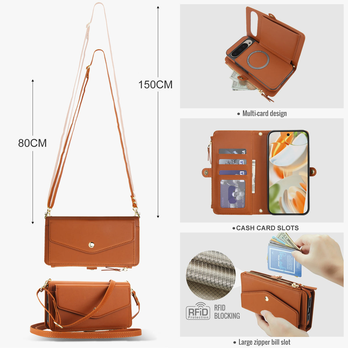 Brown tan leather crossbody wallet case displaying 80 cm to 150 cm adjustable shoulder strap dimensions and RFID layout.