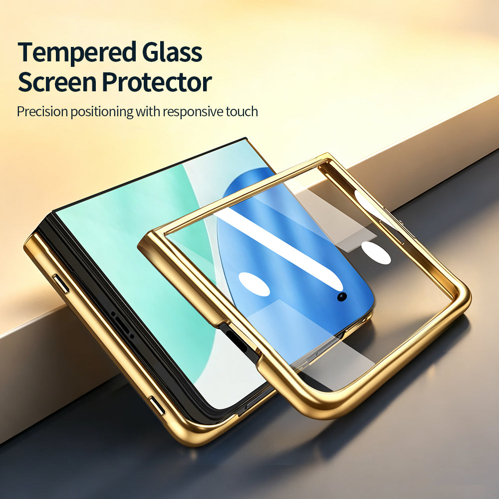 Built-in tempered glass screen protector frame for iPhone DUO showcasing touch precision