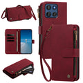 Burgundy Red Moto G Stylus 5G Crossbody Leather Case set with adjustable shoulder strap, wrist lanyard, camera cutout, and zipper pocket