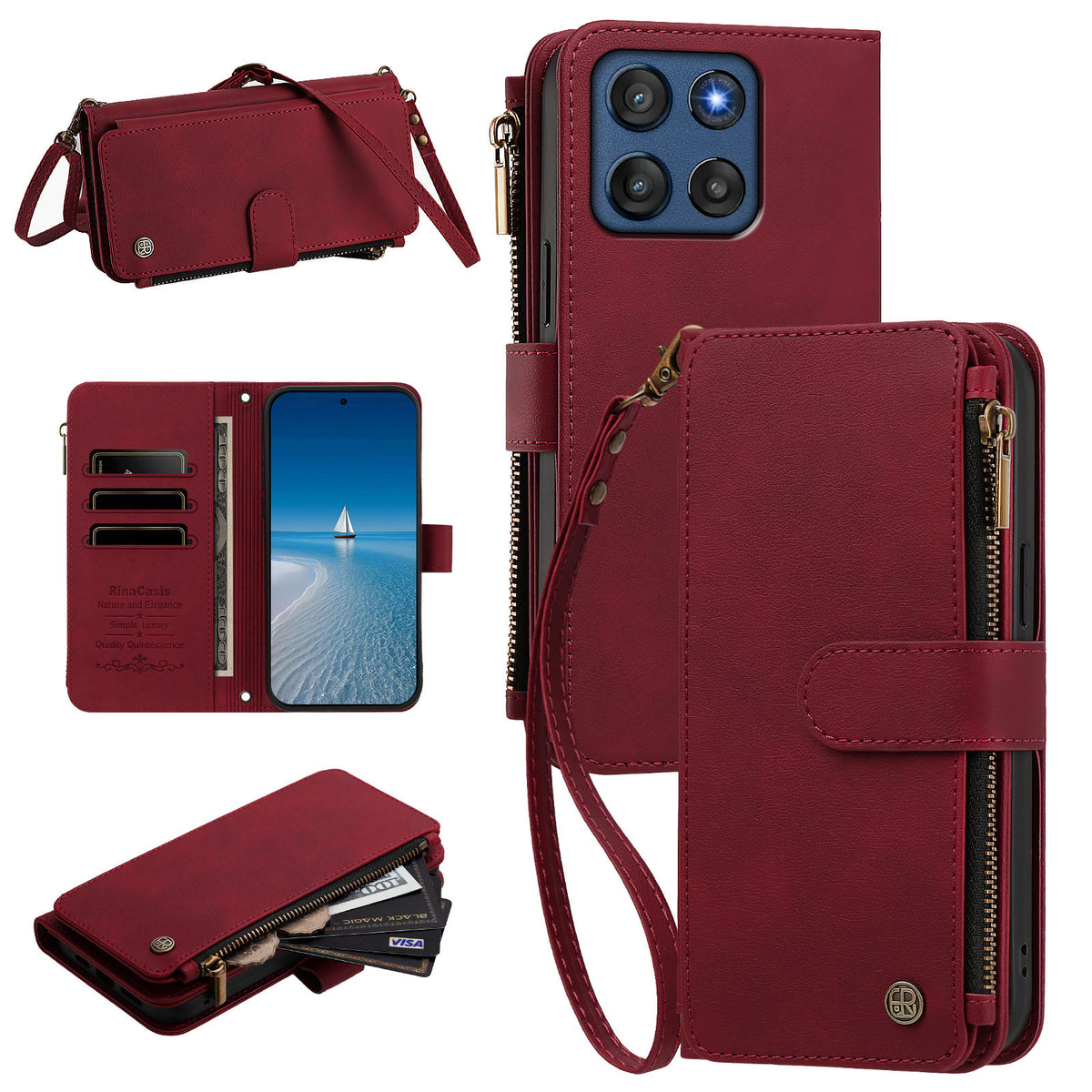 Burgundy Red Moto G Stylus 5G Crossbody Leather Case set with adjustable shoulder strap, wrist lanyard, camera cutout, and zipper pocket