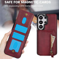 Burgundy Red leather Samsung Galaxy wallet case with RFID barrier protection open to reveal credit card slots and cash zipper pouch