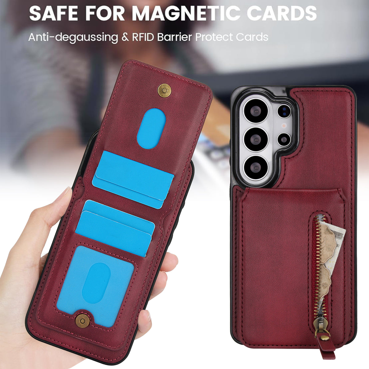 Burgundy Red leather Samsung Galaxy wallet case with RFID barrier protection open to reveal credit card slots and cash zipper pouch