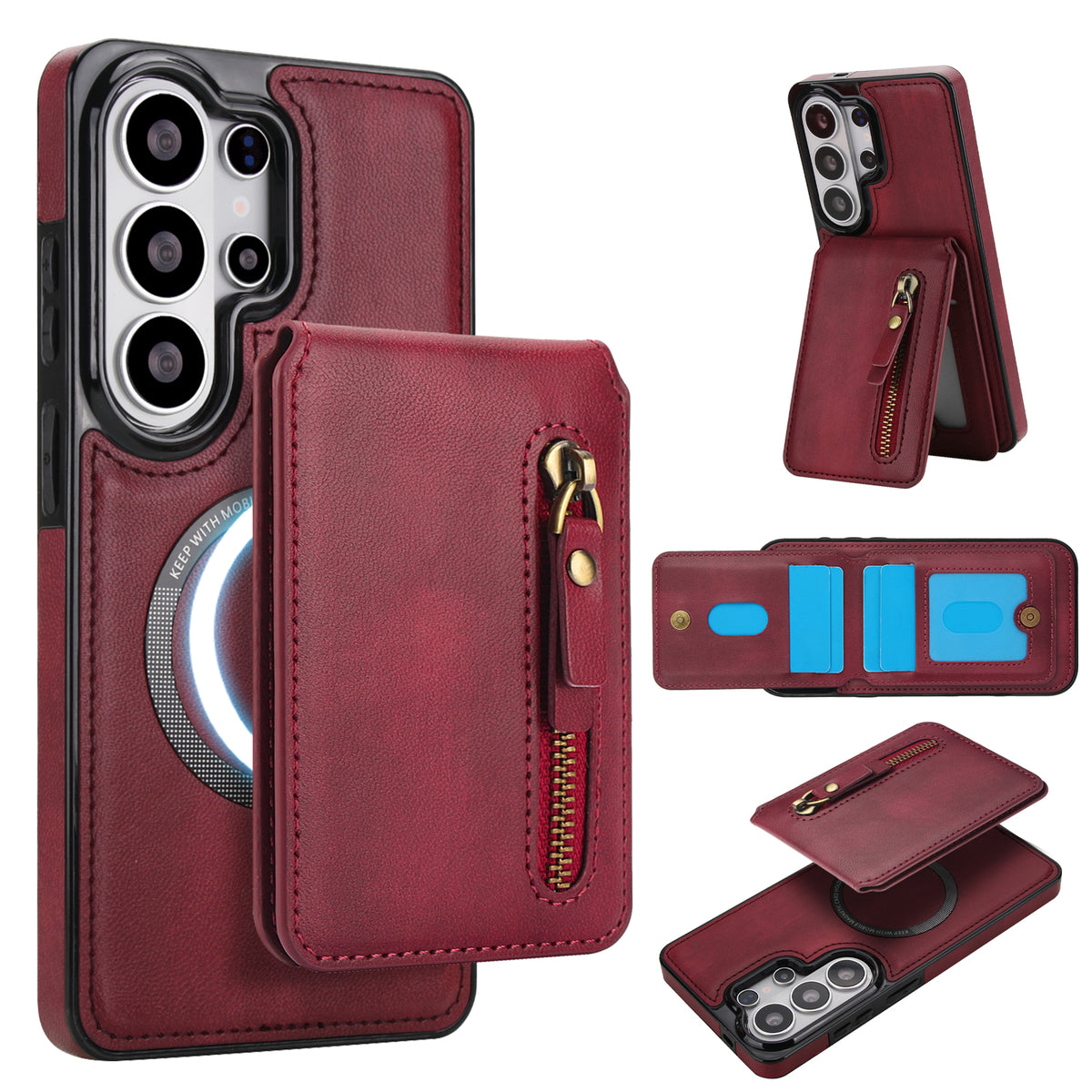 Burgundy Red 2-in-1 magnetic detachable leather wallet case for Samsung Galaxy showing wireless charger compatibility ring, multi-angle kickstand, and interior card slots⁠