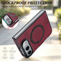 Burgundy leather case for iPhone DUO showcasing 360-degree shockproof drop protection with callout icons for reinforced corners, scratch resistance, and raised camera guard.