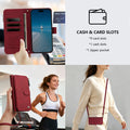 Burgundy red Moto G Stylus 5G leather wallet case showing 9 card slots, cash pocket, and hands-free crossbody strap during workout