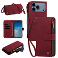 Burgundy red leather zipper wallet phone case featuring card slots, zipper cash pocket, and removable crossbody strap