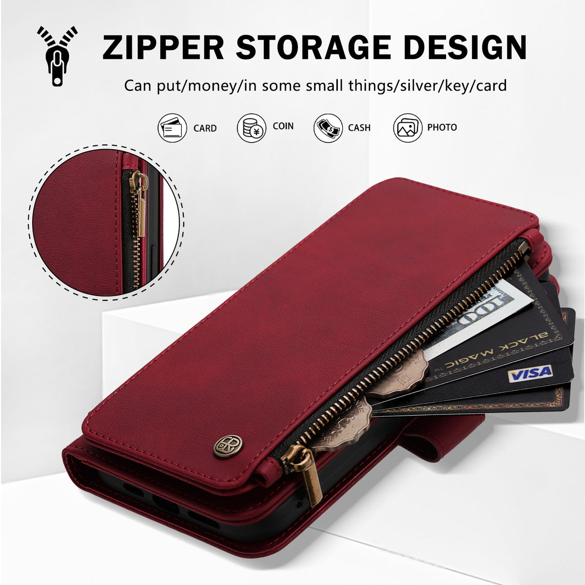 Burgundy red leather zipper wallet phone case with open metal zipper pocket holding dollar bills and credit cards
