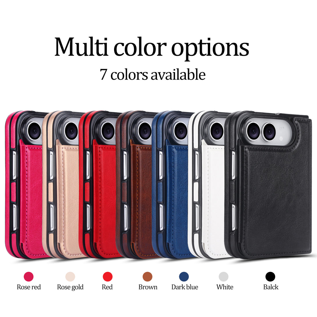 Catalog lineup displaying the iPhone DUO leather magnetic wallet cases in 7 available colors Rose Red, Rose Gold, Crimson Red, Rich Brown, Dark Blue, Crisp White, and Classic Black.