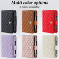 Catalog lineup displaying the quilted diamond pattern iPhone DUO leather wallet cases in 6 available colors Classic Black, Rich Brown, Crimson Red, Soft Lavender, Rose Gold, and Off-White.