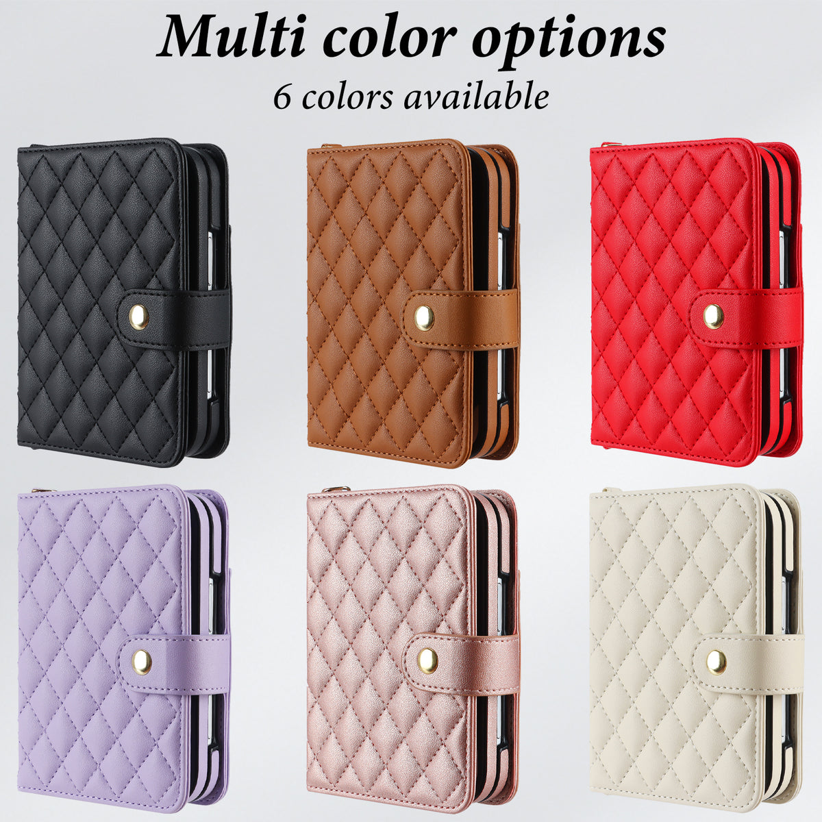 Catalog lineup displaying the quilted diamond pattern iPhone DUO leather wallet cases in 6 available colors Classic Black, Rich Brown, Crimson Red, Soft Lavender, Rose Gold, and Off-White.