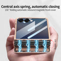 Central axis spring hinge feature on folded Samsung Galaxy Z Flip case demonstrating 150-degree automatic rebound magnetic cover.