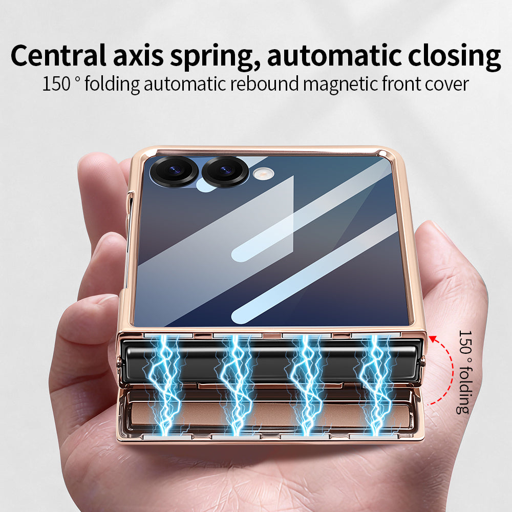 Central axis spring hinge feature on folded Samsung Galaxy Z Flip case demonstrating 150-degree automatic rebound magnetic cover.