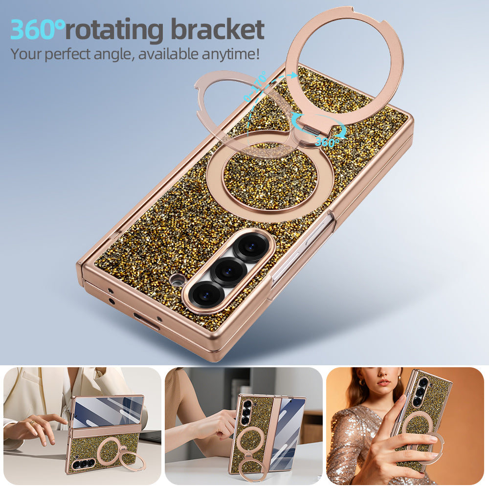 Champagne gold glitter case for Samsung Galaxy Z Fold showing 360-degree rotating ring bracket versatility across multiple desk stand angles.