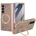 Champagne gold glitter case for Samsung Galaxy Z Fold showing rear panel layout, front screen frame, and kickstand functionality.