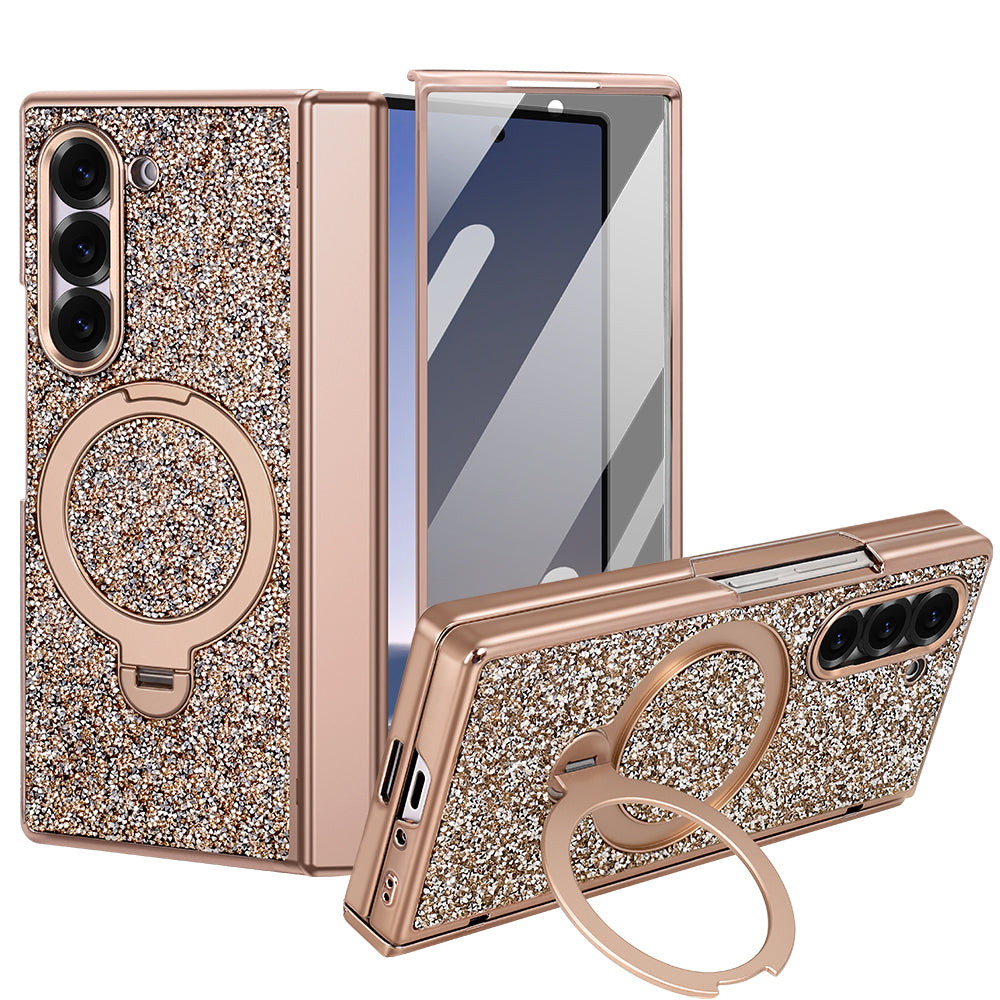 Champagne gold glitter case for Samsung Galaxy Z Fold showing rear panel layout, front screen frame, and kickstand functionality.