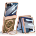 Champagne gold glitter phone case for Samsung Galaxy Z Flip displayed unfolded with extended ring stand and partially folded with screen protector frame.
