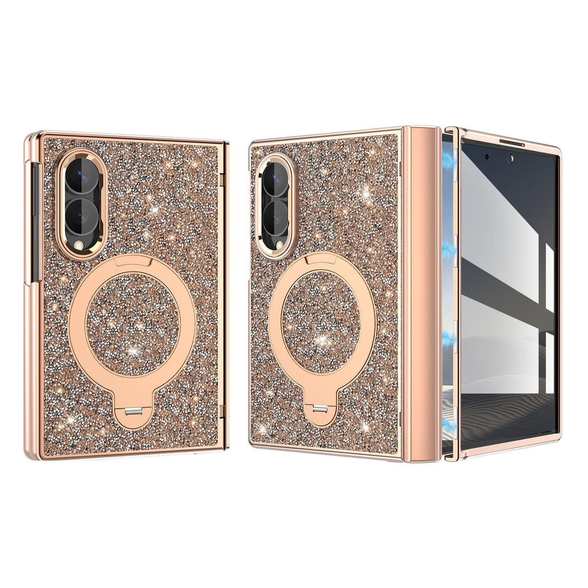 Champagne luxury glitter case for Samsung Galaxy Z Fold 8 featuring a sparkling champagne diamond finish, matching electroplated frame, rotating ring stand, and magnetic hinge guard.