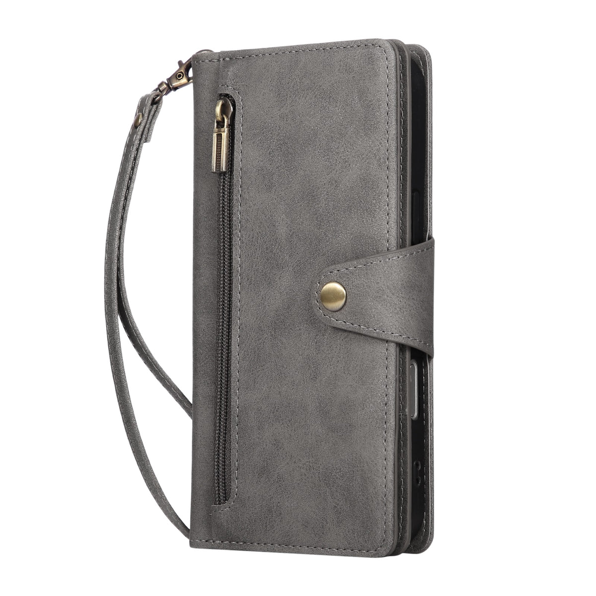 Charcoal grey leather wallet case with lanyard loop for iPhone 18 Pro Max