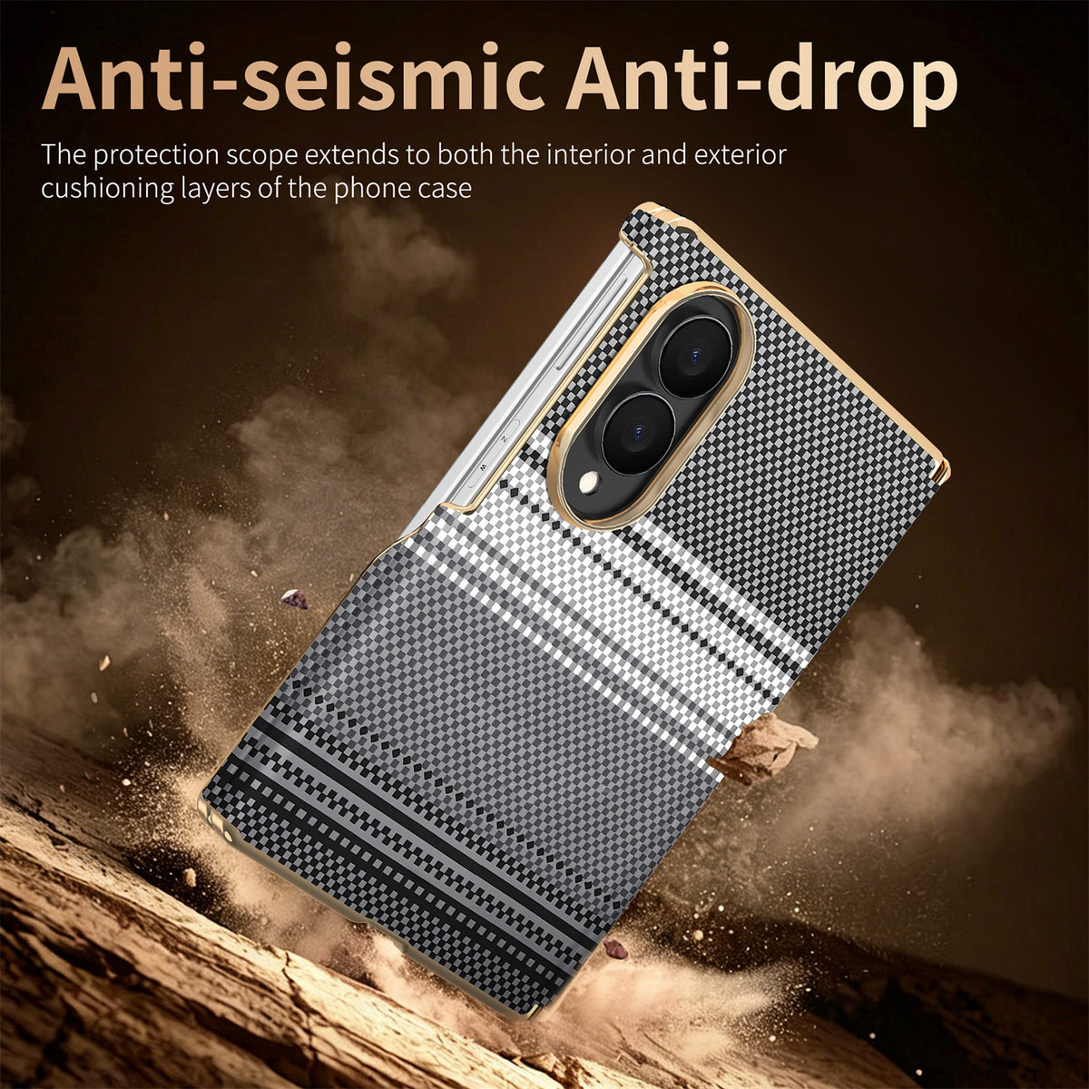 Charcoal black mesh textured Samsung Galaxy Z Fold 8 case highlighting anti-seismic drop-proof interior and exterior protection layers