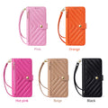Chevron-quilted leather crossbody phone wallet case options in Pink, Orange, Hot Pink, Beige, and Black with matching wristlet straps.