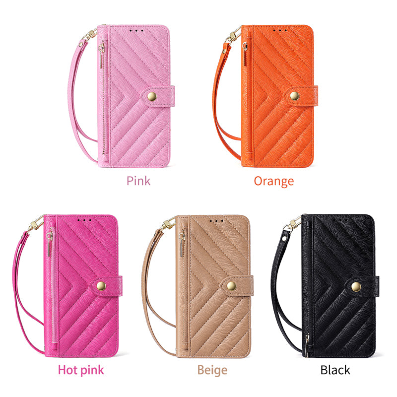 Chevron-quilted leather crossbody phone wallet case options in Pink, Orange, Hot Pink, Beige, and Black with matching wristlet straps.