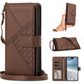 Chocolate brown woven leather crossbody wallet case for iPhone displaying full composite views, including front magnetic flap, hand wristlet wear, shoulder strap wear, interior card slots, photo ID window, and cash pocket.