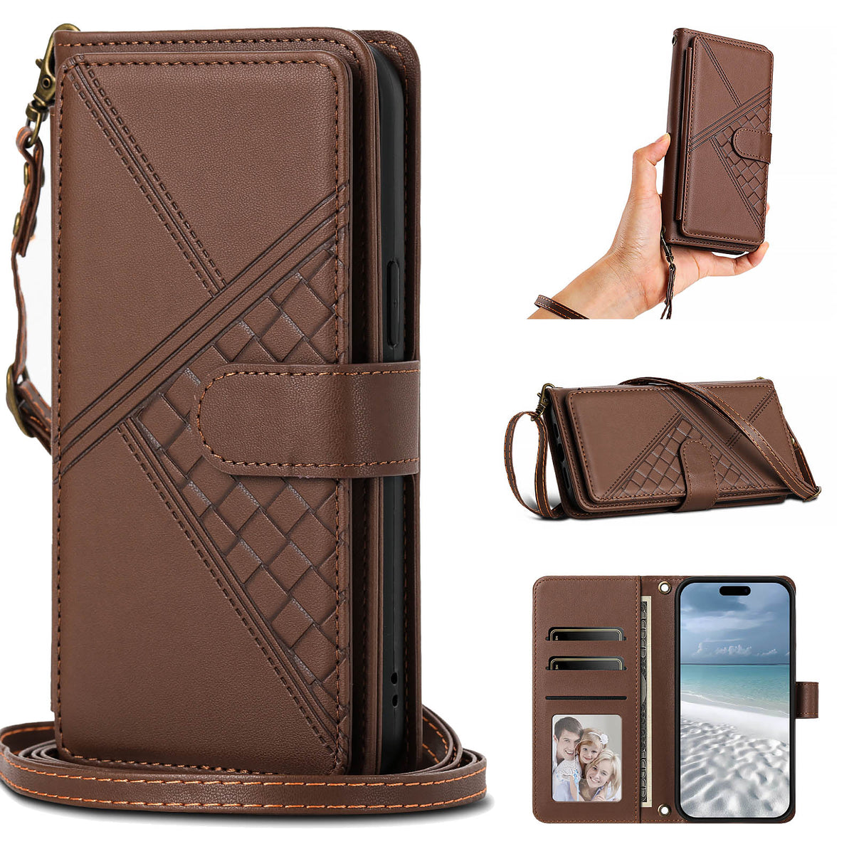 Chocolate brown woven leather crossbody wallet case for iPhone displaying full composite views, including front magnetic flap, hand wristlet wear, shoulder strap wear, interior card slots, photo ID window, and cash pocket.