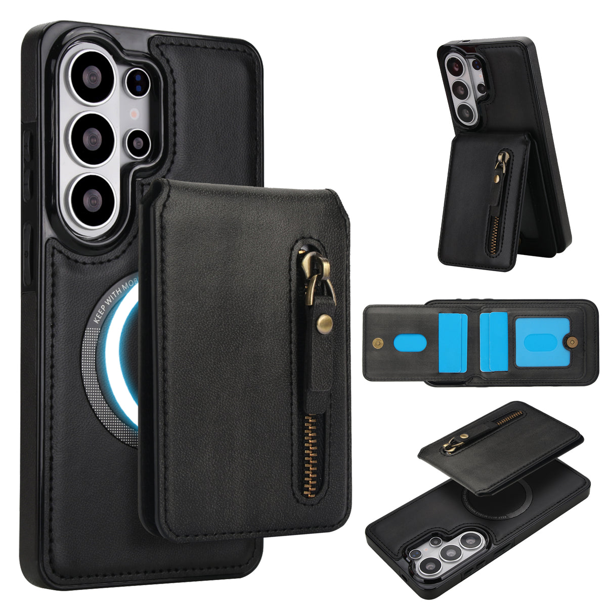 Classic black 2-in-1 magnetic detachable leather wallet case for Samsung Galaxy showing wireless charging compatibility ring, multi-angle kickstand, and interior card slots
