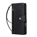 Classic black PU leather wallet case with front zipper slot and magnetic closure button