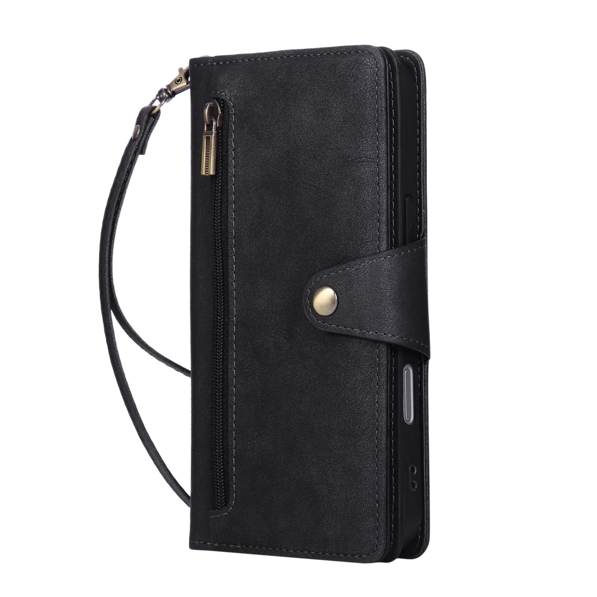 Classic black PU leather wallet case with front zipper slot and magnetic closure button
