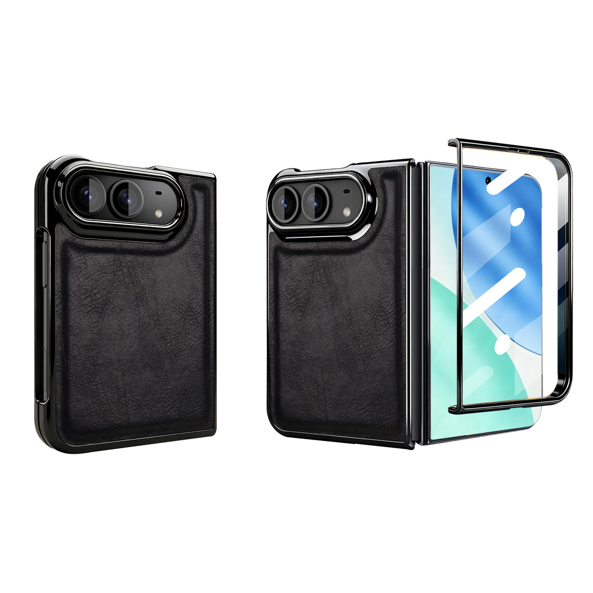 Classic black leather case for iPhone DUO with electroplated black frame, raised camera guard, and front tempered glass protector