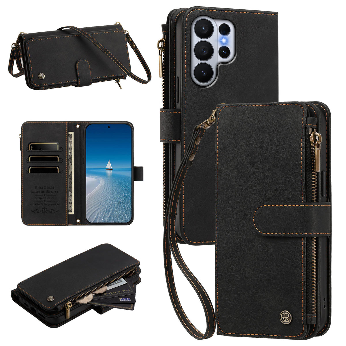 Classic black leather crossbody wallet case for Samsung Galaxy featuring zipper pouch wristlet lanyard and full drop protection